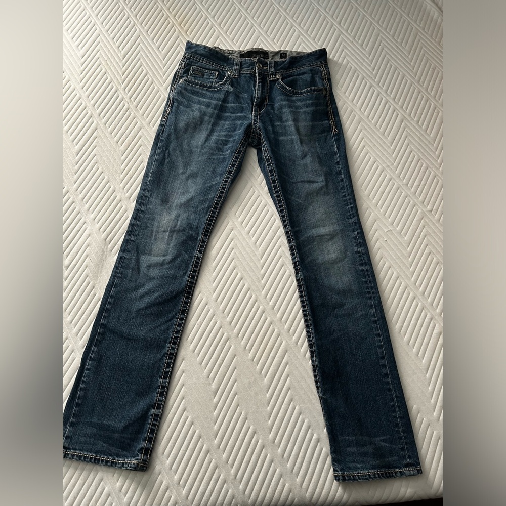 Buckle Black Jeans Mens 30L Fit No. 3 Bootleg Whiskering Distressed Stretch